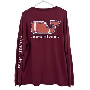 Vineyard Vines Mens Football Whale Long Sleeve Pocket T-Shirt Maroon Large